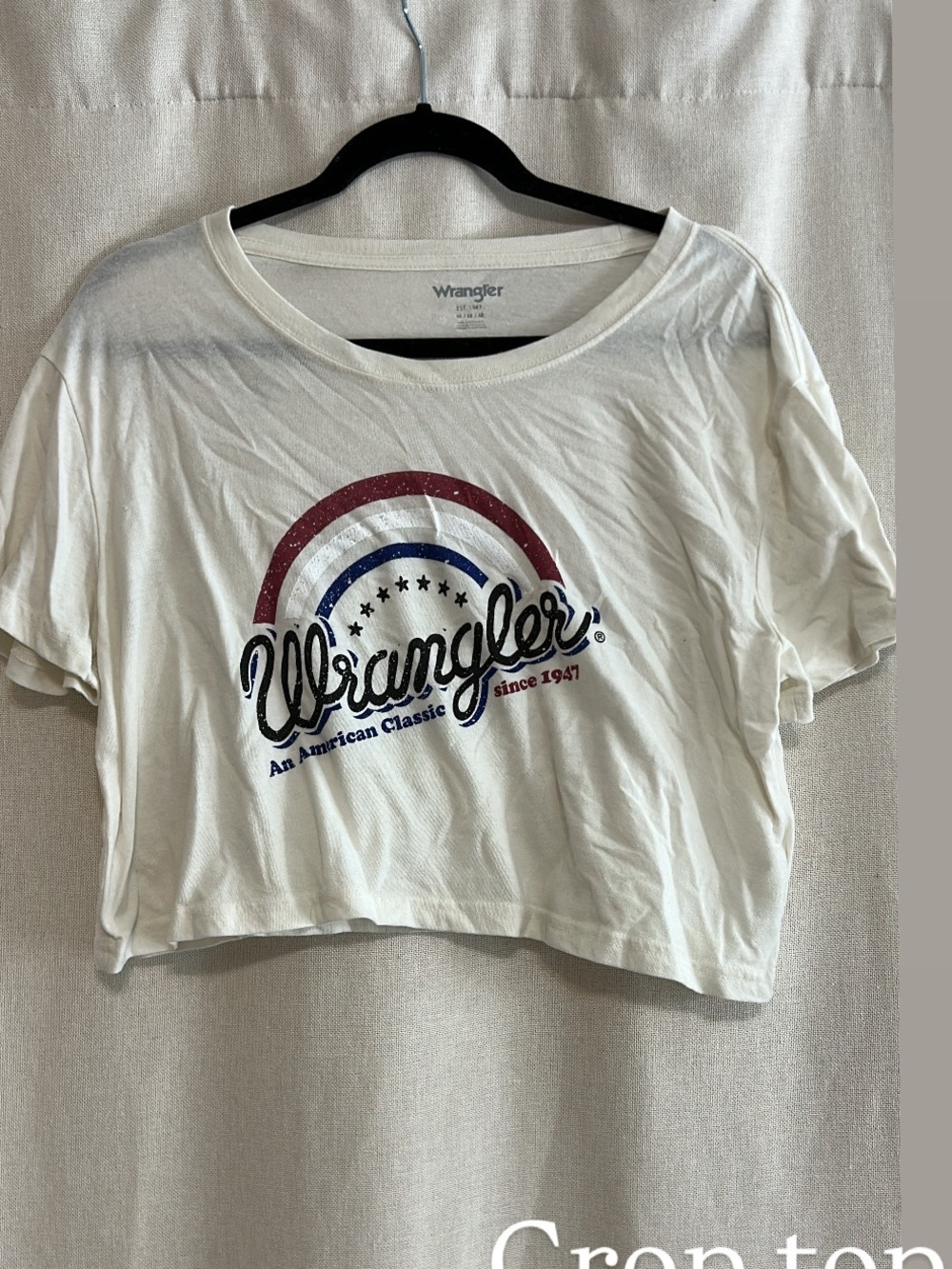 Wrangler White Crop Top with Red & Blue Retro Graphic